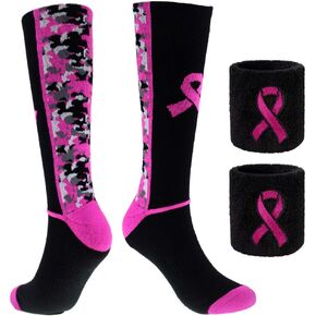 Set of Breast Cancer Awareness Pink Ribbon Socks & Wristbands - Athletic Digital Camo Crew Socks+ Wrist Sweatbands