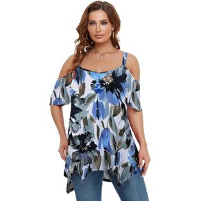 LARACE Cold Shoulder Tops For Womens Summer Clothes Spaghetti Strape Tunic Oversized Shirts Asymmetrical Plus Size Blouse