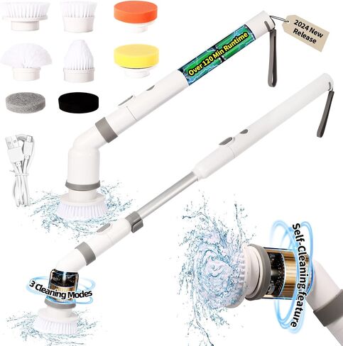 Electric Spin Scrubber, 2024 New, with Self-Clean, 3 Cleaning Modes, 8 in 1 for Bathroom Cleaning, Shower Scrubber with Long Handle, Power Scrubbers for Tiles and Tubs, Shower Cleaner Brush Electric in Saudi Arabia