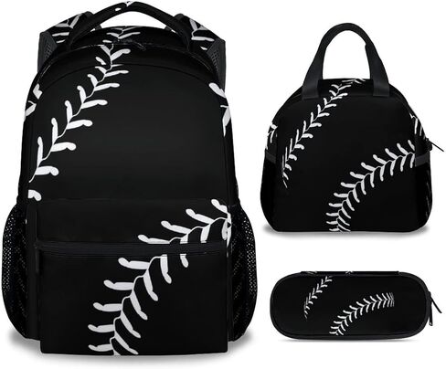 Baseball Backpack with Lunch Box and Pencil Case Set, 3 in 1 Matching Boys Black Backpacks Combo, Cool Bookbag and Pencil Case Bundle in Kuwait