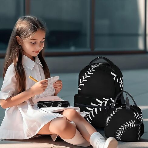 Baseball Backpack with Lunch Box and Pencil Case Set, 3 in 1 Matching Boys Black Backpacks Combo, Cool Bookbag and Pencil Case Bundle in Kuwait
