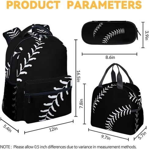 Baseball Backpack with Lunch Box and Pencil Case Set, 3 in 1 Matching Boys Black Backpacks Combo, Cool Bookbag and Pencil Case Bundle in Kuwait