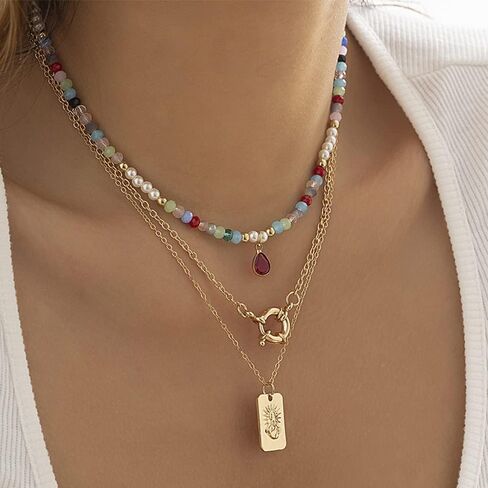 قلادات بوهيمية مطرزة بالخرز، قلادات كريستالية مكعبة خضراء أنيقة، قلادة ذات طبقات للنساء والفتيات in Kuwait