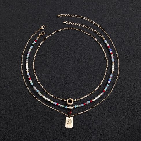 قلادات بوهيمية مطرزة بالخرز، قلادات كريستالية مكعبة خضراء أنيقة، قلادة ذات طبقات للنساء والفتيات in Kuwait