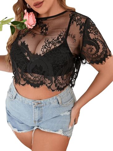 تي شيرت نسائي من Floerns بمقاس كبير شبكي شفاف وأكمام قصيرة بدون حمالة صدر in Kuwait