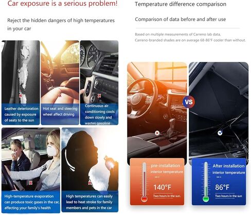 Carreno Car Sun Shade Windshield Umbrella, Upgraded Opening Design Foldable Car Windshield Cover, Reflective Sunshade for Car Front Window Block UV Rays and Heat, for Auto Sedan, SUV, Large in Saudi Arabia