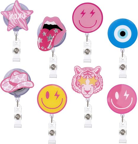 Whaline 8 قطع Preppy Nurse Badge Reel مع مقاطع وسلك قابل للسحب وردي أصفر أزرق معرف شارة بكرة ابتسامة وجه نجمة اسم العلامة 8 تصاميم حامل شارة لمستلزمات المستشفيات والمدارس المكتبية in Saudi Arabia