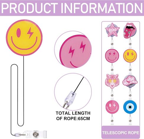 Whaline 8 قطع Preppy Nurse Badge Reel مع مقاطع وسلك قابل للسحب وردي أصفر أزرق معرف شارة بكرة ابتسامة وجه نجمة اسم العلامة 8 تصاميم حامل شارة لمستلزمات المستشفيات والمدارس المكتبية in Saudi Arabia