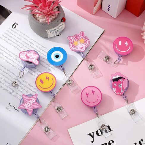Whaline 8 قطع Preppy Nurse Badge Reel مع مقاطع وسلك قابل للسحب وردي أصفر أزرق معرف شارة بكرة ابتسامة وجه نجمة اسم العلامة 8 تصاميم حامل شارة لمستلزمات المستشفيات والمدارس المكتبية in Saudi Arabia