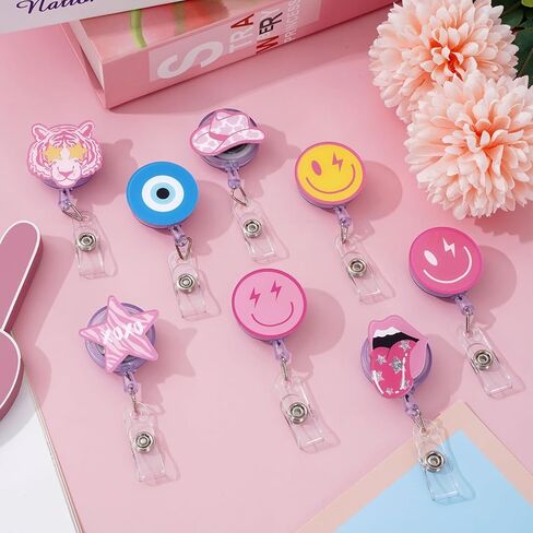 Whaline 8 قطع Preppy Nurse Badge Reel مع مقاطع وسلك قابل للسحب وردي أصفر أزرق معرف شارة بكرة ابتسامة وجه نجمة اسم العلامة 8 تصاميم حامل شارة لمستلزمات المستشفيات والمدارس المكتبية in Saudi Arabia