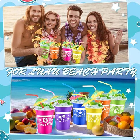 Hoolerry 48 جهاز كمبيوتر شخصى 16 أوقية أكواب Luau مع مظلة القش المتاح البلاستيك أكواب الحفلات الاستوائية تيكي جوز الهند أكواب الشاطئ لمستلزمات حفلات Hawaiian Luau، وحفلات حمام السباحة، وديكورات أعياد الميلاد بموضوع الشاطئ in Kuwait