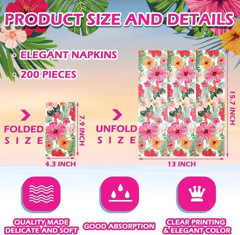 200 Pack Hawaiian Guest Napkins Tropical Luau Party Supplies Summer Floral Dinner Towels Disposable Fancy Hand Towels Decorative Flower Bathroom Napkins for Wedding Birthday Party in Saudi Arabia