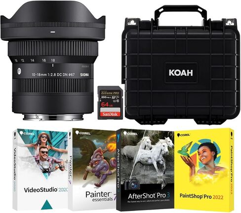 عدسة تكبير فائقة الاتساع مقاس 10-18 مم F2.8 DC DN من سيجما لجهاز Sony E Mount - حزمة عدسات تصوير عالية الأداء مع حافظة صلبة للتخزين مقاومة للماء وبرنامج تحرير الصور، وبطاقة ذاكرة 64 جيجابايت (4 عناصر) in Saudi Arabia