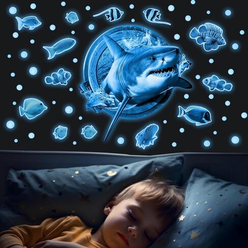 3D Jellyfish Fish Wall Stickers Glow in The Dark, Ocean Animals World Removable Decals for Kids Room Decor, Luminous Vinyl Stickers for Ceiling (Blue) in Saudi Arabia