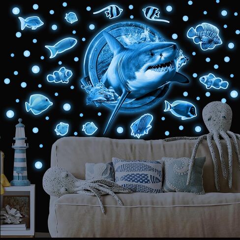 3D Jellyfish Fish Wall Stickers Glow in The Dark, Ocean Animals World Removable Decals for Kids Room Decor, Luminous Vinyl Stickers for Ceiling (Blue) in Saudi Arabia