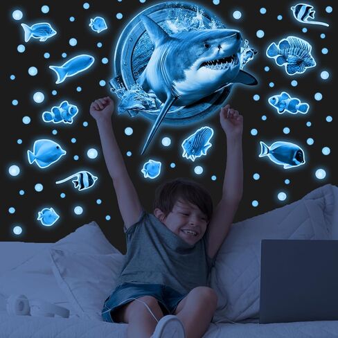 3D Jellyfish Fish Wall Stickers Glow in The Dark, Ocean Animals World Removable Decals for Kids Room Decor, Luminous Vinyl Stickers for Ceiling (Blue) in Saudi Arabia