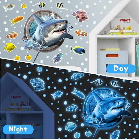 3D Jellyfish Fish Wall Stickers Glow in The Dark, Ocean Animals World Removable Decals for Kids Room Decor, Luminous Vinyl Stickers for Ceiling (Blue) in Saudi Arabia