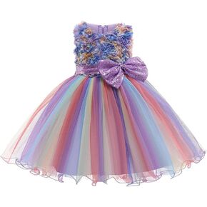 Uhnice Flower Girl Rainbow Dress Sequin Bowknot Ball Gown Wedding Party