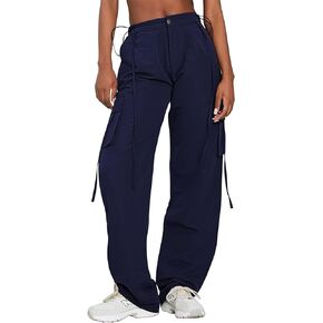 Pink Queen Women High Waist Parachute Pants Y2k Fashion Baggy Relaxed Fit Long Cargo Pant Trousers