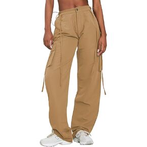 Pink Queen Women High Waist Parachute Pants Y2k Fashion Baggy Relaxed Fit Long Cargo Pant Trousers