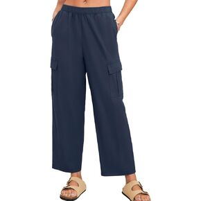 Simplee Women's High Waisted Cargo Pants Casual Baggy Wide Leg Linen Pants with Pockets