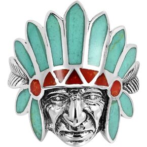 AeraVida Native American Style Reconstructed Red Coral-Green Simulated Turquoise Inlay .925 Sterling Silver Ring