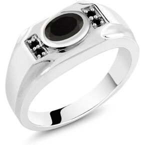 Gem Stone King Men's 925 Sterling Silver Black Onyx and Black Diamond Ring (1.22 Cttw, Gemstone December Birthstone, Oval 8X6MM, Available In Size 7, 8, 9, 10, 11, 12, 13)