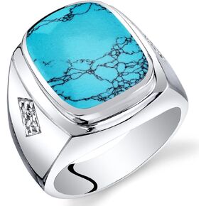 PEORA Men's Simulated Turquoise Knight Signet Ring 925 Sterling Silver, Large 15x12mm Cushion Cut, Sizes 8 to 13
