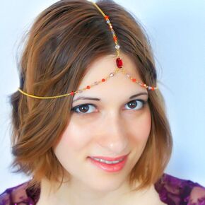 Gold Head Chain Jewelry Boho Headband Head Chain Red Crystal Super Sparkle Accessories Tassel Chain Hair Band Festival Prom Jewelry for Women Girls
