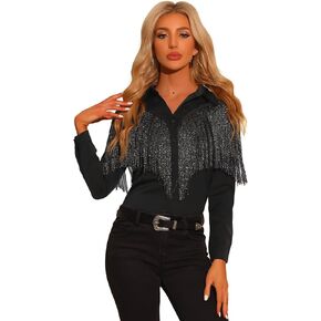 Allegra K Women's Fringe Blouse Long Sleeve Button Down Disco Party Shirts