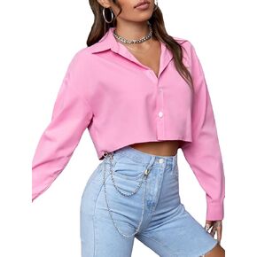 Floerns Women's Casual Button Down Long Sleeve Curved Hem Blouse Crop Tops