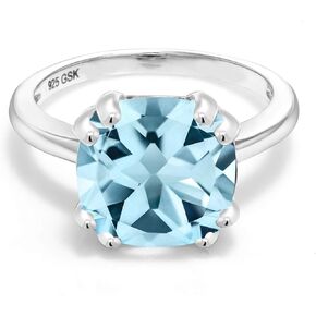 Gem Stone King 925 Sterling Silver Sky Blue Topaz Engagement Double Prong Ring For Women (4.25 Cttw, Cushion Cut 10MM, Gemstone Birthstone, Available in size 5, 6, 7, 8, 9)