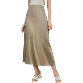 YIAFDERY Womens 2024 Elegant Silk Satin Skirt High Waist Flowy A Line Party Cocktail Midi Skirts