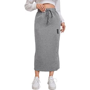 OYOANGLE Women's Drawstring Button Split High Waist Patched Work Solid Casual Pencil Midi Skirts