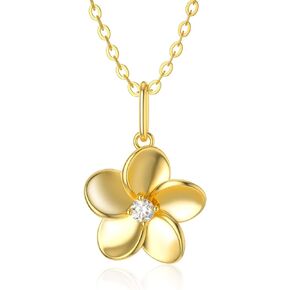 14K Solid Gold Diamond Flower Necklace for Women, Natural Diamond Gold Hawaiian Plumeria Flower Pendant Necklace Anniversary Birhtday Mother's Day Jewelry Gifts for Mom, Wife, 16+2 Inch