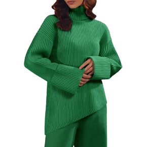 كنزة نسائية من Langwyqu ذات ياقة مدورة كبيرة الحجم وأكمام طويلة ومتماسكة ومضلعة غير متماثلة وسترة تونيك in Kuwait