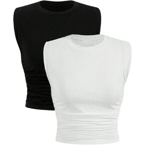 Verdusa Women's 2 Pack Ruched Sleeveless Crew Neck Solid Tank Tops