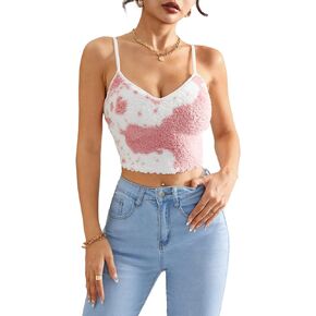 WDIRARA Women's Cow Print Lettuce Trim Fuzzy Cami Top Sleeveless Fitted Crop Tops