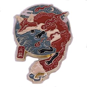 Vintage Japanese Firefox Japan Fire Fox Spirit Ukiyoe Woodblock Art Mythology 1.2" Enamel Pin
