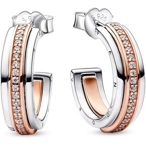 PANDORA Signature Two-tone Logo & Pavé Hoop Earrings - Sterling Silver & 14k Rose Gold-Plated Hoop Earrings with Cubic Zirconia for Women - Gift for Her - With Gift Box
