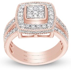 SAVEARTH DIAMONDS 1 Carat Round Cut Lab Created Moissanite Diamond Square Cluster Engagement Trio Ring In 14K Gold Over Sterling Silver Wedding Ring Band Set (G-H Color, VVS1 Clarity, 1 Cttw)