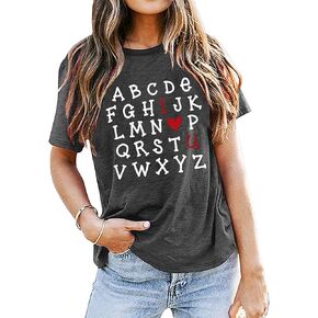 Valentines Day Shirts Teacher Outfits Alphabet ABC I Love You Tops Girlfriend Gifts Valentine Short Sleeve Tees Tops