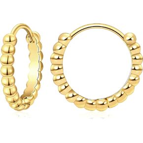 Fiusem Small Gold Plated Huggie Hoop Earrings for Women, Hypoallergenic 14K Gold Plated Bead Huggie Earring, Tiny Hoops 8/10/12 mm