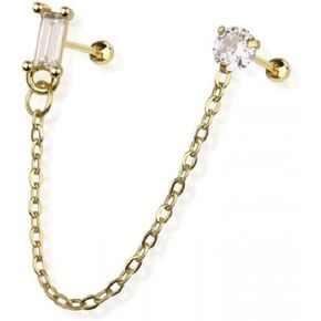 Pierced Owl 18GA 316L Stainless Steel Rectangle and Round CZ Crystal Connecting Chain Linked Cartilage Barbells