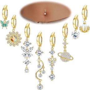 IRONBOX 8Pcs Clicker Belly Button Ring for Women Surgical Steel CZ Heart Butterfly Navel Rings Dangle Belly Ring Cute Belly Piercing Jewelry 14G