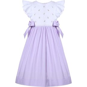 Maoluo Vintage Girls Toddler Purple Sweet Summer Hand Embroidered Smocked Midi Dress Clothes Size 2 3 4 5 6 8 10 12 14