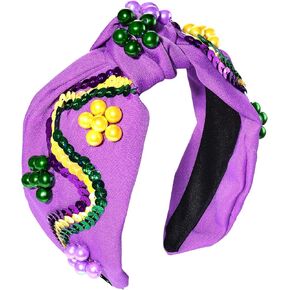 Mardi Gras Headband Beaded Sequin Filigree Leaf Embellished Knontted Wide Turban Hairband Mardi Gras Costume Headwear in Kuwait