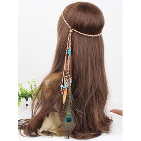 Gangel خمر بوهيميا ريشة هيرباند الغجر عقال مع ريش الطاووس شرابة حبل القنب للمهرجانات التنكرية كرنفال الهبي زي براون عقال الجانب ريشة المرأة إكسسوارات الشعر in Kuwait