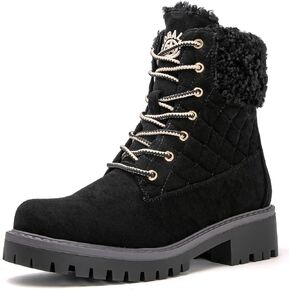 GLOBALWIN Women's Quilted Ankle Boots Fashion Combat Boots Lace Up Combat Boots Low Heel Warm Fur Ankle Booties For Women