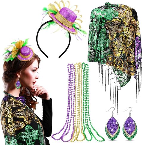 Mardi Gras Shawl Scarf Costume Accessories Set Mardi Gras Feather Headband Vintage Earrings Gold Green Purple Necklace Masquerade Party Favor Accessories Multicoloured in Saudi Arabia